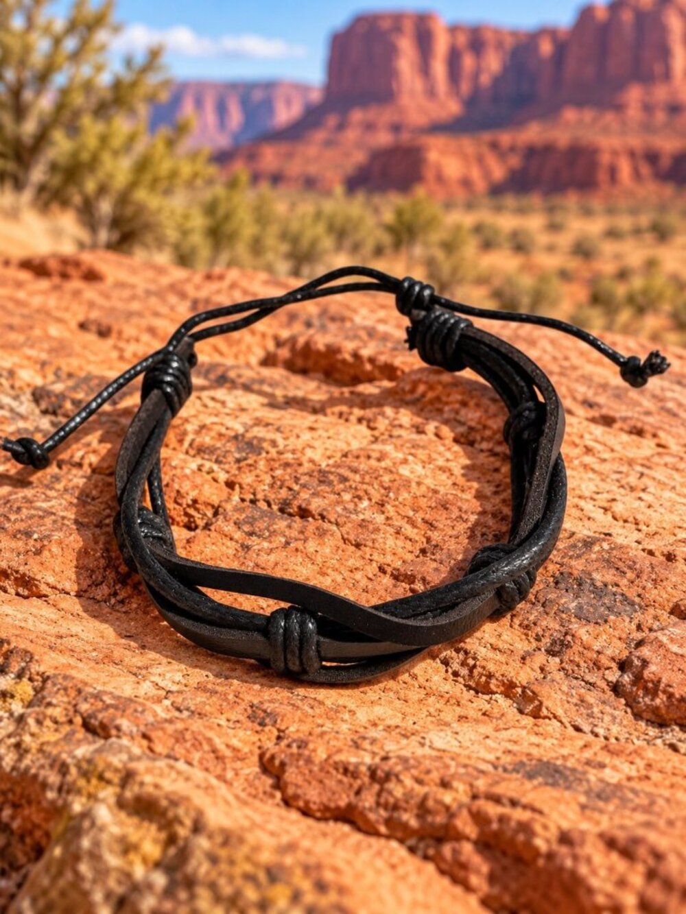 Braided Black Leather Adjustable Bracelet Handcrafted Unisex Slipknot Closure